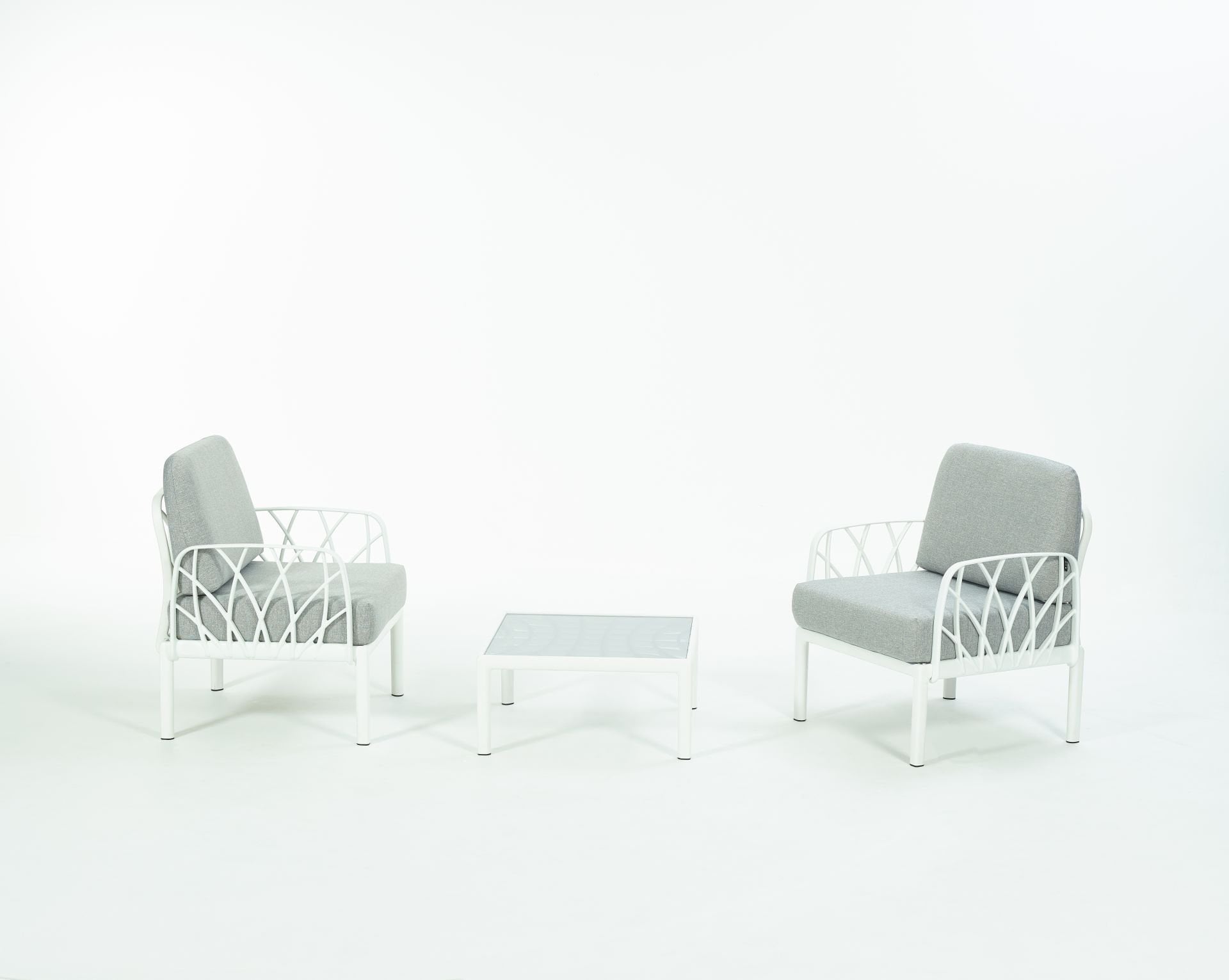 Beyaz Gri Kumaş Camlı Sehpa 2 Kişilik Bahçe Koltuğu Takımı