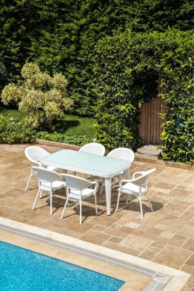 Dış Mekan Bahçe Beyaz Masa Sandalye Takımı 6 Kişilik 150x90.cm