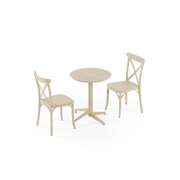 Bej Katlanır Yuvarlak Bahçe Masa Sandalye Takımı 2 Kişilik