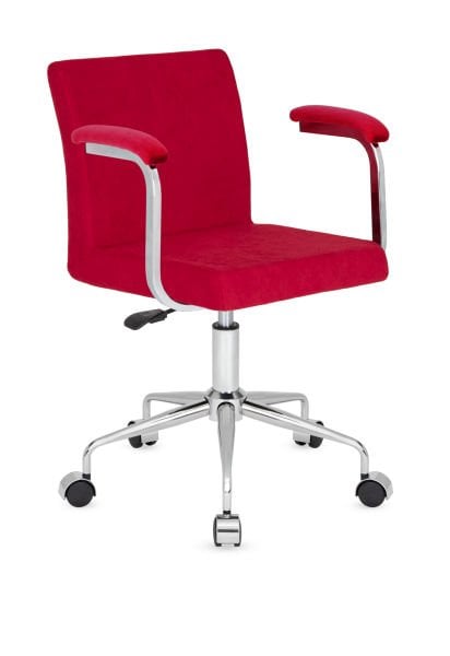 Delta Kollu Küçük Ofis Çalışma Sandalyesi – Kırmızı Kumaş, Ergonomik Metal Krom İskeletli, Amortisörlü, Tekerlekli Ofis Sandalyesi – Sekreter, Personel ve Öğrenci Odası İçin İdeal