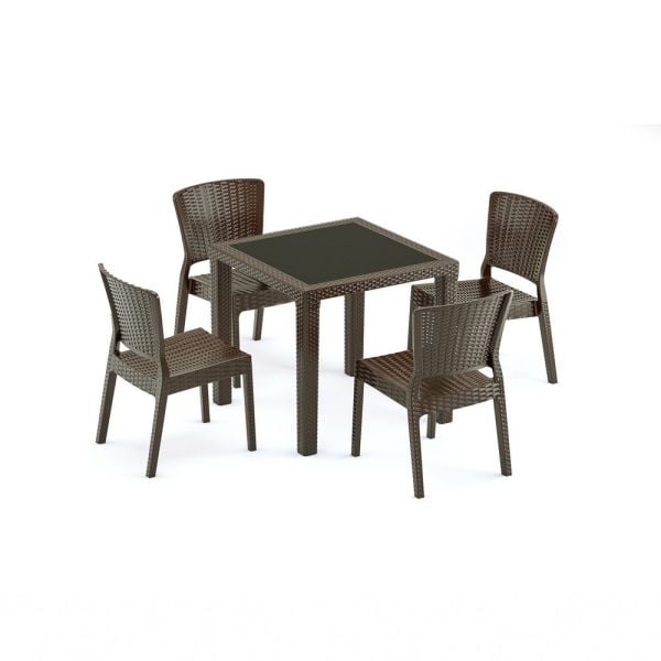 Venge Rengi Kare 4 Kişilik 80x80 cm Rattan Plastik Dış Mekan Bahçe Masa Sandalye Takımı