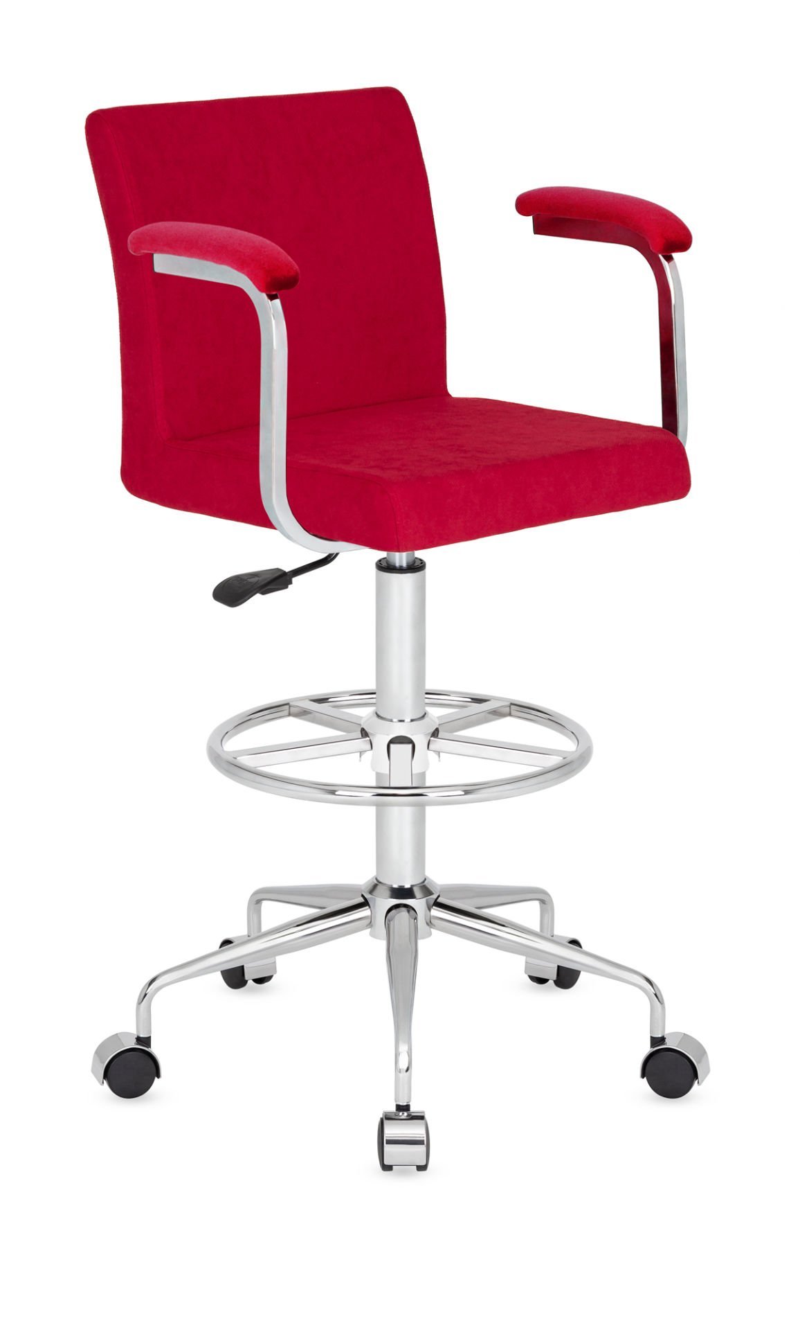 Delta Modern Kollu Tekerlekli Yüksek Boy Bar Sandalyesi - Ergonomik Metal Krom Ayak, Kırmızı Kumaş Yüksek Banko & Resepsiyon Masası için Şık ve Dayanıklı Sandalye