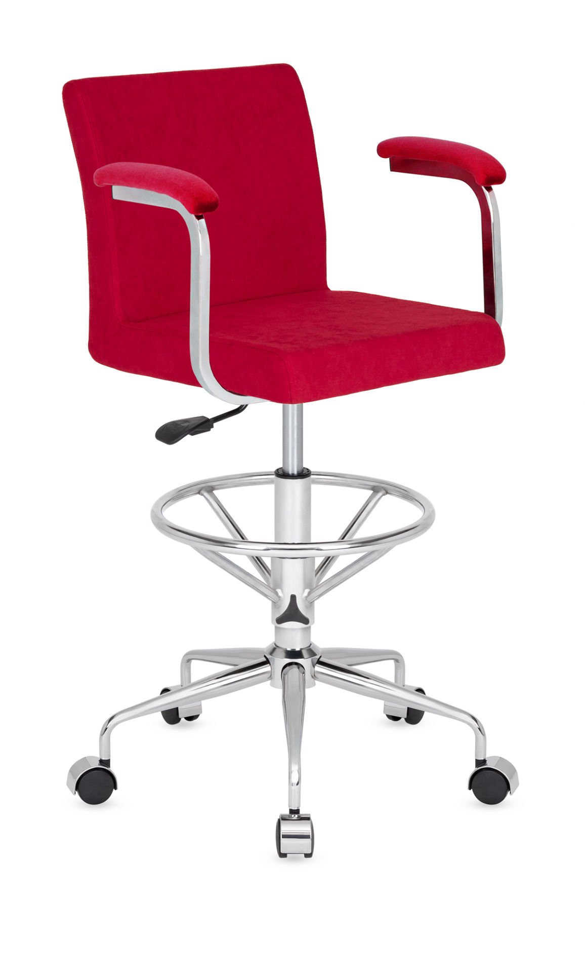Delta Kolu Tekerlekli Yüksek Boy Bar Sandalyesi - Metal Krom Ayak, Ergonomik Tasarım, Kırmızı Kumaş, Ücretsiz Kargo