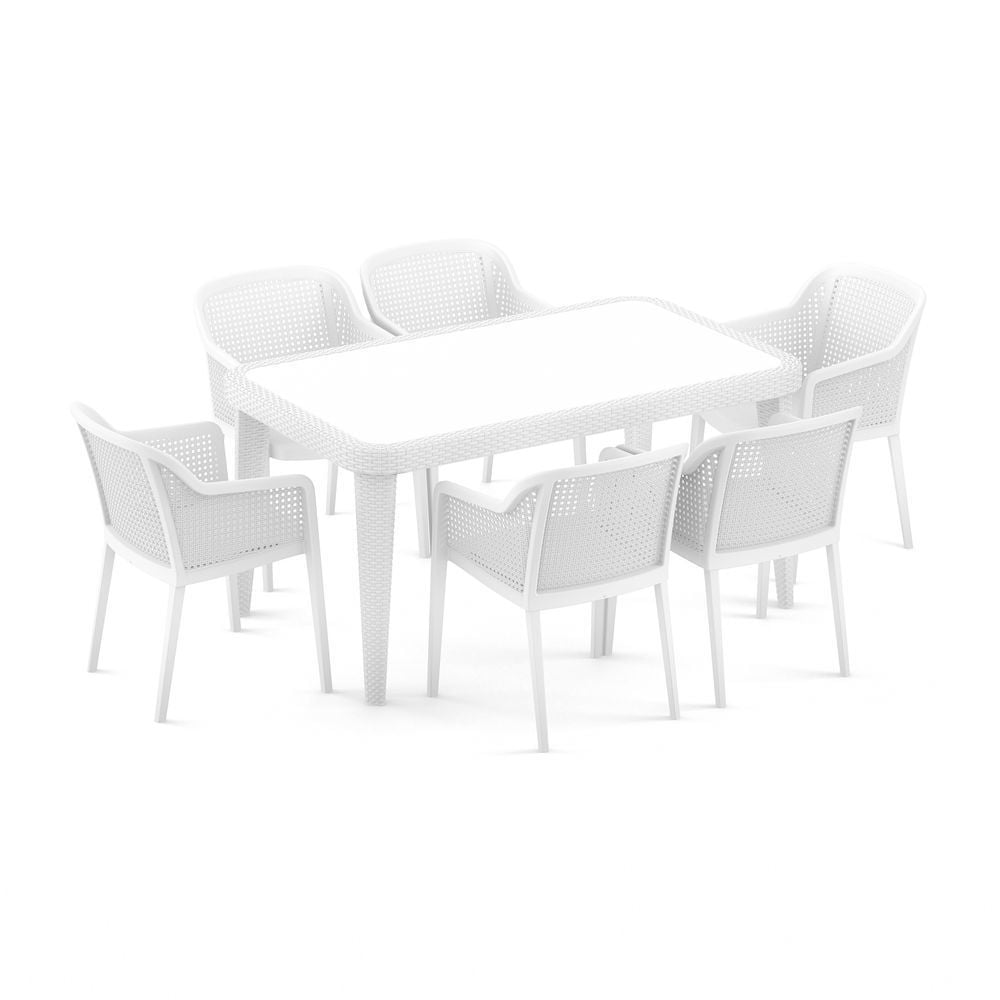 Beyaz Bahçe Masa Sandalye Takımı Masa 90x150 cm Dikdörtgen 6 Kişilik
