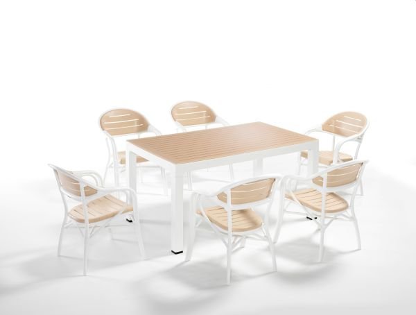 Beyaz Fildişi Bahçe Masa Sandalye Takımı 6 Kişilik Dikdörtgen 90x150 cm Mutfak Otel Restoran Kafe Teras ve Balkon Kullanımına Uygun Enjeksiyon Plastik Bambu Tasarım