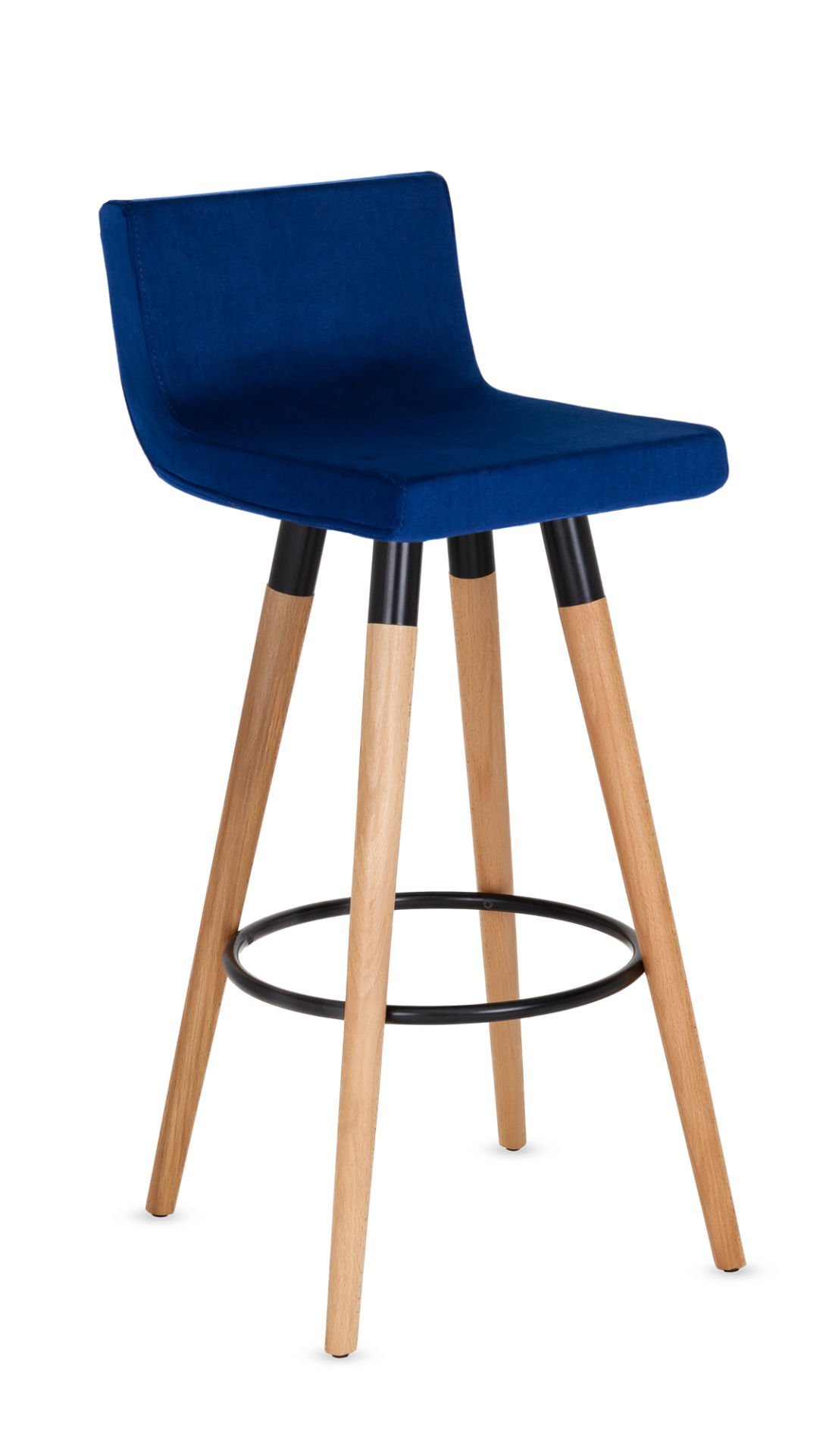 Rios Modern Ahşap Naturel Kayın Ayak Mavi Lacivert Kumaş Bar Sandalyesi – Ergonomik, Şık ve Dayanıklı Mutfak, Kafe, Restoran Bar Sandalyesi