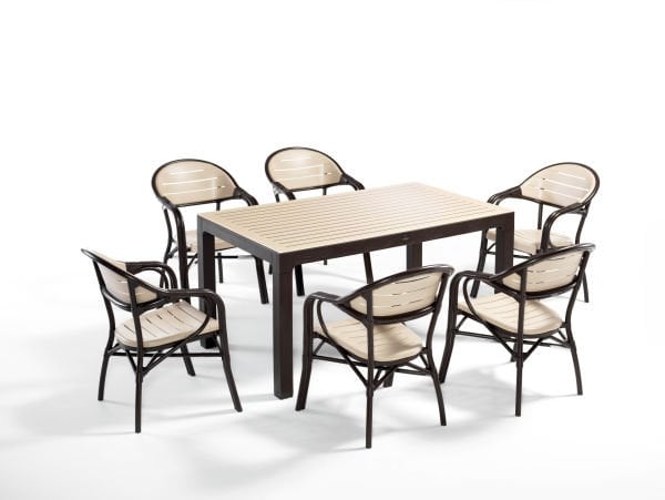 Kahvesi Cappuccino Dış Mekan Bahçe Masa Sandalye Takımı 6 Kişilik Dikdörtgen 90x150 cm Mutfak Otel Restoran Kafe Teras Balkon Kullanımı İçin Uygun