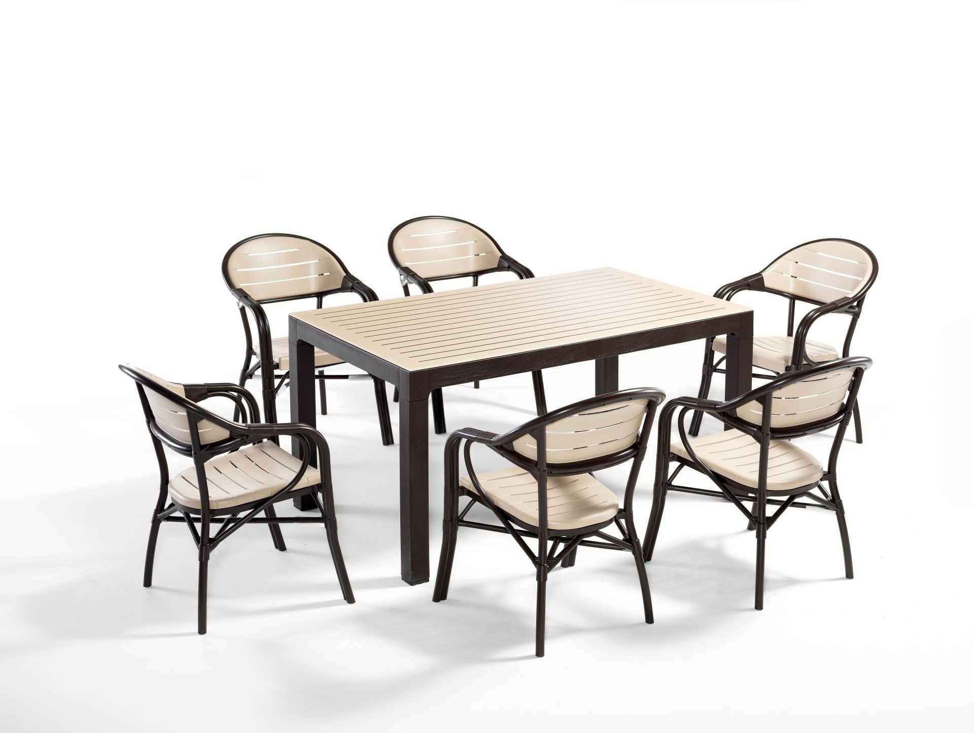 Kahvesi Cappuccino Dış Mekan Bahçe Masa Sandalye Takımı 6 Kişilik Dikdörtgen 90x150 cm Mutfak Otel Restoran Kafe Teras Balkon Kullanımı İçin Uygun