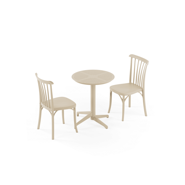 Bej Katlanır Yuvarlak Bahçe Masa Sandalye 2 Kişilik Takım