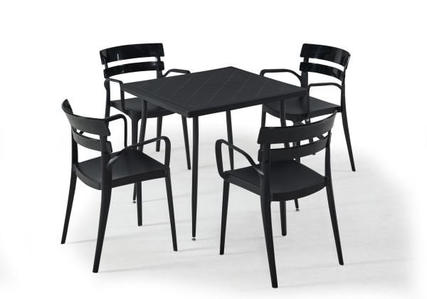 Siyah Bahçe Masa Sandalye Takımı 80x80 cm Kare Masa Takımı İç ve Dış Mekan Kullanımına Uygun Bahçe Balkon Teras Kafe Restoran Otel