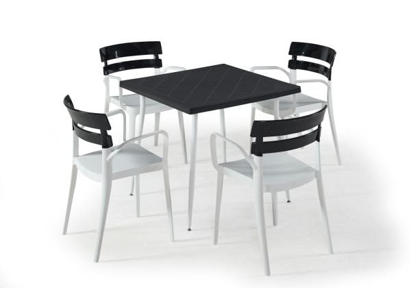 Beyaz Siyah Dış Mekan Bahçe Masa Sandalye Takımı – 4 Kişilik Kare 80x80 cm Masa ve Sandalye Seti Ev Bahçeleri ve Tüm Açık Alanlar İçin Uygun