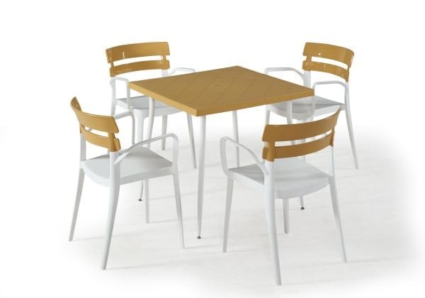 Beyaz Hardal Dış Mekan Bahçe Masa Sandalye Takımı 4 Kişilik Kare 80x80 cm Set