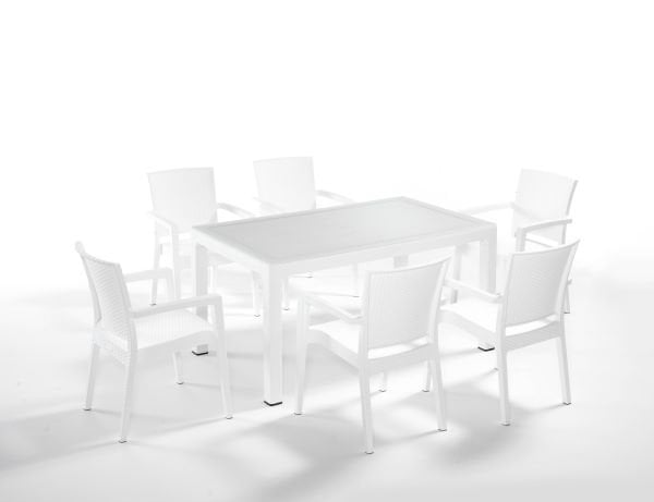 Beyaz Rattan 6 Kişilik Dış Mekan Masa Sandalye Seti - 90x150 cm Dikdörtgen Tasarım