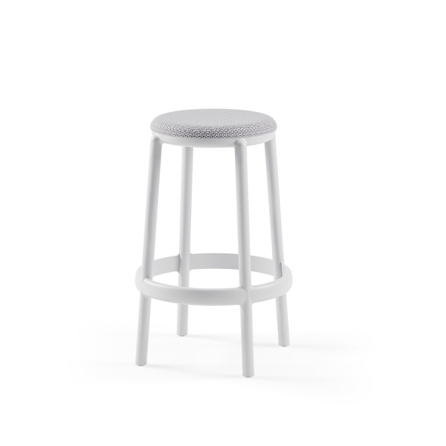 Plastik Yuvarlak Bar Taburesi 65 cm | Gri Kumaş Döşemeli Dayanıklı Mutfak, Cafe, Restaurant İçin İstiflenebilir Bar Tabure