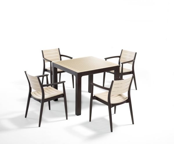 Kahverengi Cappucino Dış Mekan 4 Kişilik Bahçe Masa Sandalye Takımı 90x90 Kare Set