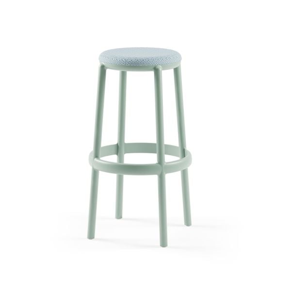 Nil Yeşili Yüksek Bar Taburesi | 75 cm Oturum | Açık Mavi Kumaş Döşemeli | Şık, Dayanıklı, İstiflenebilir Mutfak Kafe Bar Taburesi