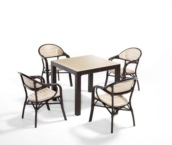 Kahverengi Cappucino Bahçe Masa Sandalye Takımı 4 Kişilik Kare 90x90 cm