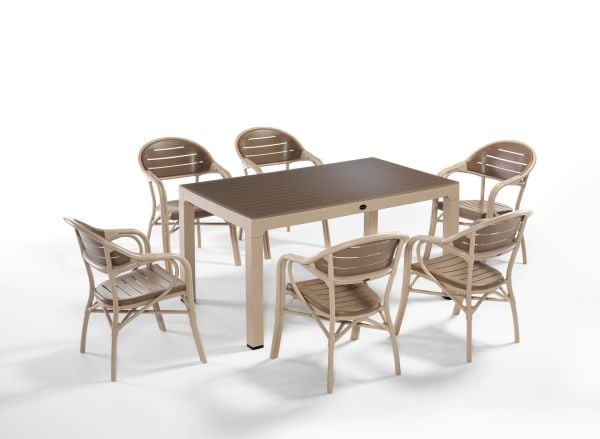Cappuccino Çöl Kahvesi Dış Mekan Masa Sandalye Takımı 6 Kişilik Dikdörtgen 90x150 cm Enjeksiyon Plastik Bambu Tasarım
