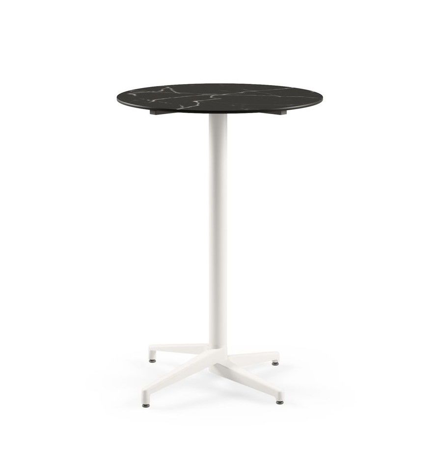 Moon Compact Laminat 70 cm Yuvarlak Beyaz Ayaklı Bar Masası - Siyah Mermer Desenli Paslanmaz Dış Mekan Bahçe Bar Masası, Dayanıklı ve Şık