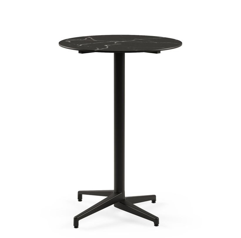 Moon Compact Laminat Bar Masası - 77 cm Yuvarlak Siyah Ayaklı, Siyah Mermer Desenli Paslanmaz Dış Mekan Bahçe Bar Masası | Otel, Kafe, Restoran, Ev Bahçesi Kullanımına Uygun