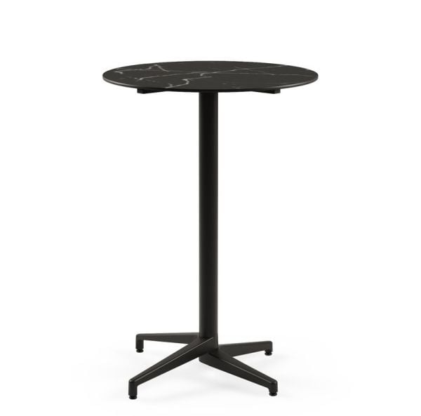 Moon Compact Laminat Bar Masası - 77 cm Yuvarlak Siyah Ayaklı, Siyah Mermer Desenli Paslanmaz Dış Mekan Bahçe Bar Masası | Otel, Kafe, Restoran, Ev Bahçesi Kullanımına Uygun