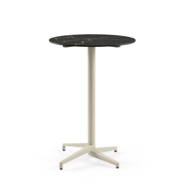 Moon Compact Laminat Katlanır Bar Masası - 70 cm Yuvarlak Bej Ayaklı, Siyah Mermer Desenli Paslanmaz İç Ve Dış Mekan Bahçe Bar Masası