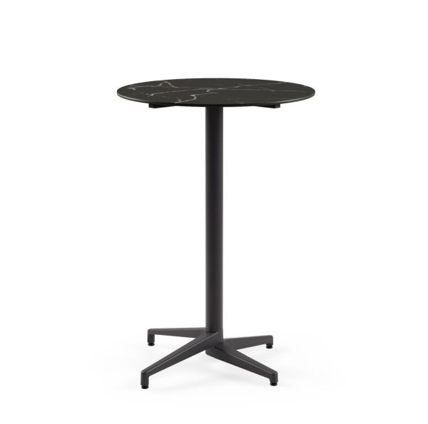 Moon Compact Laminat Katlanır Bar Masası - 70 cm Çap Yuvarlak Antrasit Gri Ayaklı Siyah Mermer Desenli Paslanmaz Katlanır Bahçe Bar Masası