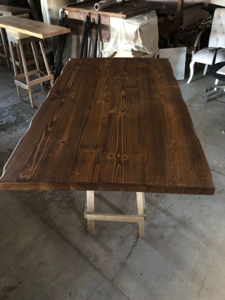 Doğal Kütük Masa Üstü Tablası 140x80 cm – 4.2 cm Kalın Fırınlanmış Göknar, Ceviz Renk, Cafe Restoran Mutfak Masası İçin