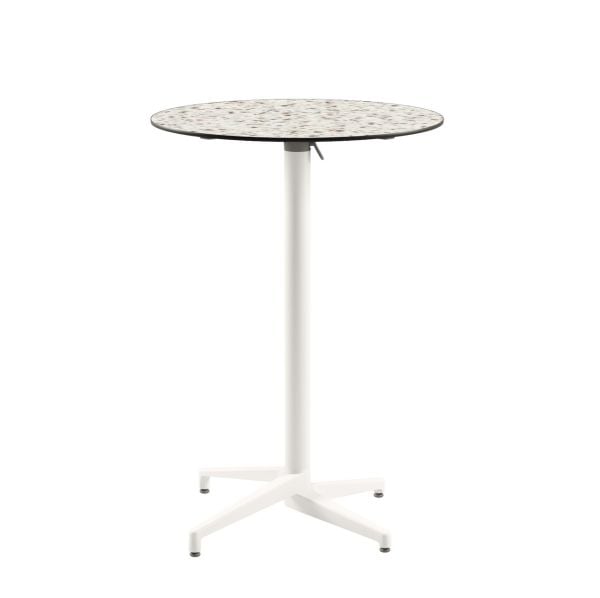 Moon Compact Terrazzo Laminat Katlanır Bar Masası – 70 cm Yuvarlak, Beyaz Ayaklı, Paslanmaz, Dayanıklı Dış Mekan ve Bahçe Masası