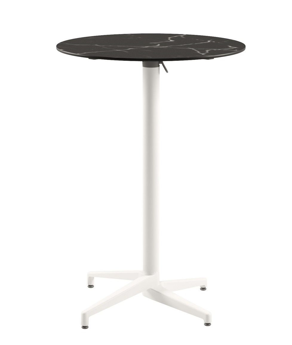 Moon Compact Laminat Katlanır Bar Masası - 70 cm Yuvarlak, Siyah Mermer Desenli, Beyaz Ayaklı, Paslanmaz, Katlanır, Dış Mekan Bahçe ve Bar Masası