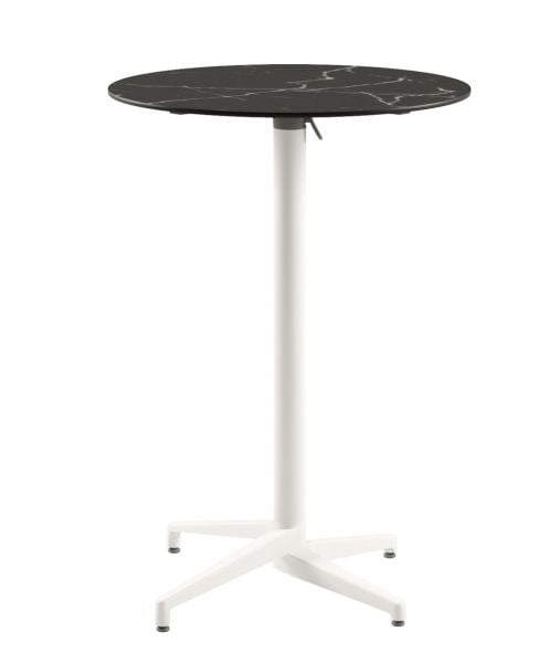 Moon Compact Laminat Katlanır Bar Masası - 70 cm Yuvarlak, Siyah Mermer Desenli, Beyaz Ayaklı, Paslanmaz, Katlanır, Dış Mekan Bahçe ve Bar Masası