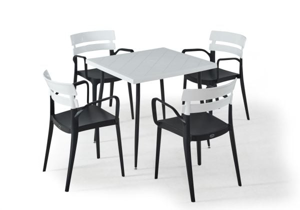 Siyah Beyaz Dış Mekan Bahçe Masa Sandalye Takımı - 4 Kişilik Kare 80x80 cm Set