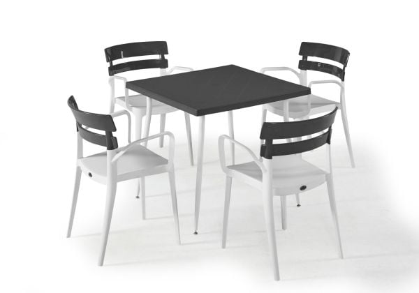 Beyaz Antrasit Dış Mekan Bahçe Masa Sandalye Takımı - 4 Kişilik Kare 80x80 cm Set Ev Bahçeleri Havuz Kenarı Kafe ve Restoran Kullanımına Uygun