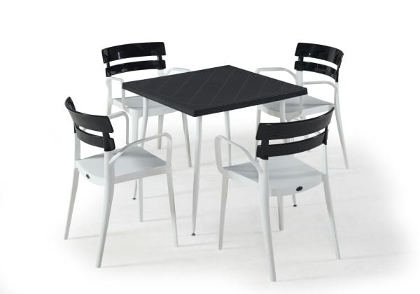 Beyaz Siyah Bahçe Masa Sandalye Takımı 4 Kişilik Kare 80x80 cm Dış Mekan Masa Sandalye Seti Bahçe Teras Balkon Otel ve Kafe Kullanımına Uygun