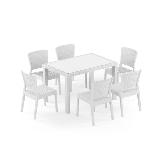 Beyaz Dış Mekan Bahçe Masa Sandalye Takımı 6 Kişilik 80x120