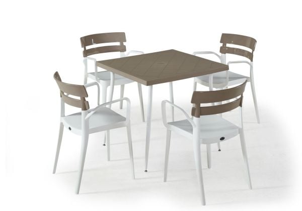 Beyaz Kum Beji Dış Mekan Bahçe Masa Sandalye Takımı - 4 Kişilik Kare 80x80 cm Set Estetik ve Dayanıklı Tasarım Teras Balkon ve Havuz Kenarı İçin İdeal Çözüm