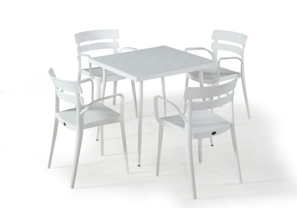 Beyaz Dış Mekan 4 Kişilik Bahçe Masa Sandalye Seti 80x80 cm Şık ve Dayanıklı Tasarım