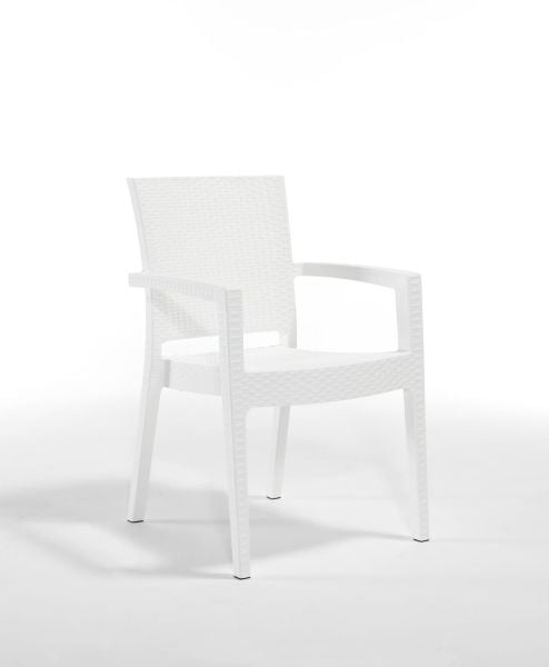 Beyaz Rattan Dış Mekan Sandalyesi İstiflenebilir ve Dayanıklı Tasarım Bahçe, Teras, Kafe ve Restoranlar İçin