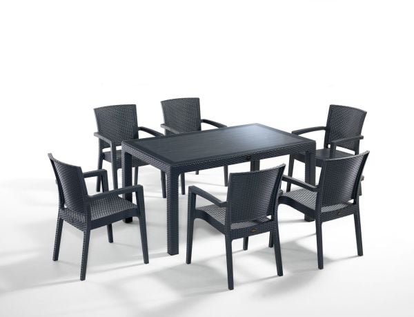 \'\'Antrasit Rattan 6 Kişilik Bahçe Masa Sandalye Seti – 90x150 Dikdörtgen Dış Mekan Takımı\'\'