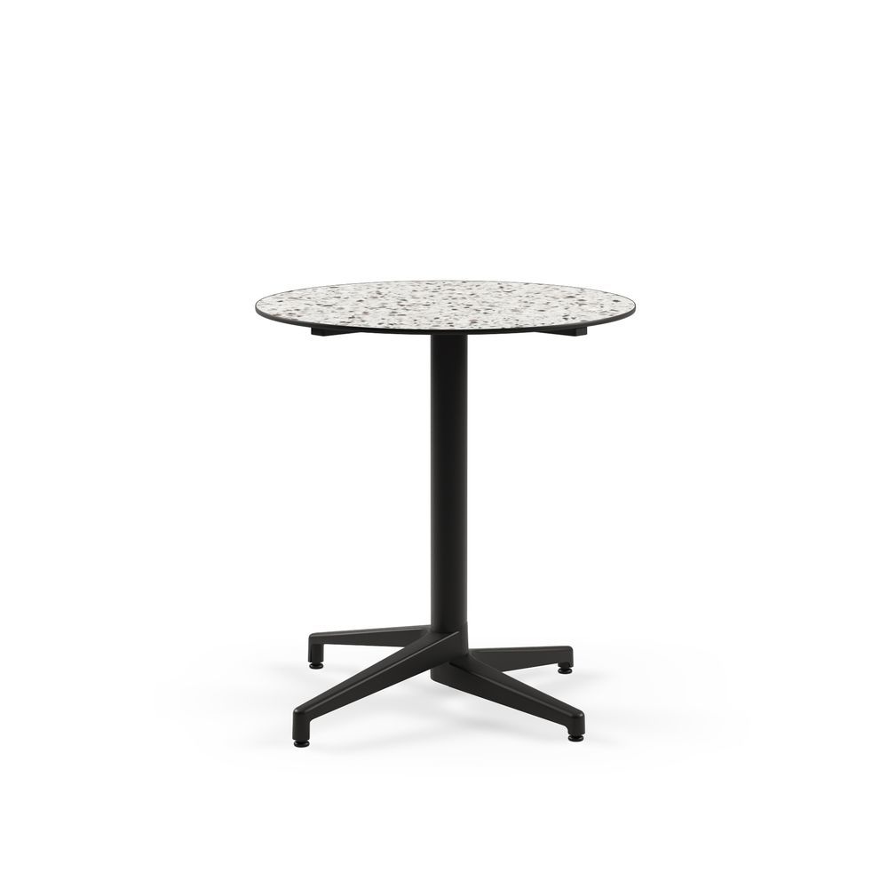 Moon Compact Laminat Cafe Masası – 70 cm Yuvarlak, Siyah Ayaklı, Terrazzo Desenli, Paslanmaz Bahçe Masası