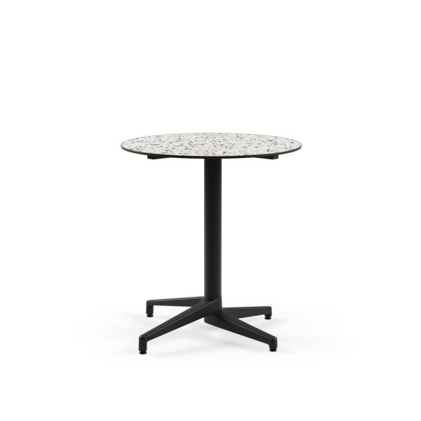 Moon Compact Laminat Cafe Masası – 70 cm Yuvarlak, Siyah Ayaklı, Terrazzo Desenli, Paslanmaz Bahçe Masası