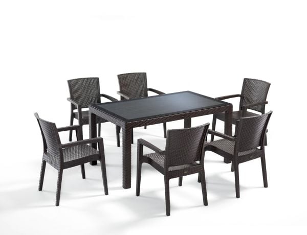 6 Kişilik Kahverengi Rattan Bahçe Masa Sandalye Takımı Dış Mekanlar İçin Dikdörtgen 90x150 Masa Seti Havuz Kenarı Teras Balkon Kafe Restoran Otel Kullanımına Uygun Bahçe Mobilyası