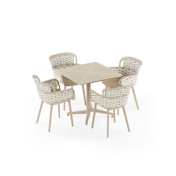 Bej Renk Örgülü Sandalyeli 4 Kişilik Katlanır Dış Mekan Bahçe Masa Takımı 80x80.cm | Balkon Teras Otel Kafe Cafe Restaurant Kullanımına Uygun
