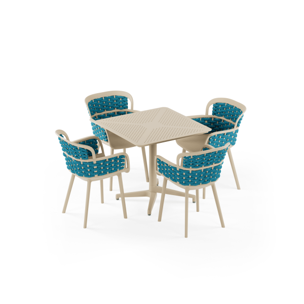 Bej Gövde Mavi Örgülü Sandalyeli 4 Kişilik Katlanabilir 80x80 cm Bahçe Masa Sandalye Takımı | Dış Mekan Balkon Teras Otel Cafe