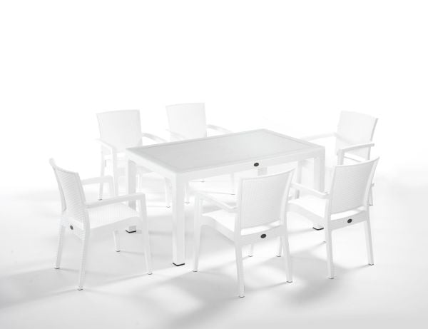 Beyaz 6 Kişilik Bahçe Masa Sandalye Takımı - Dikdörtgen 90x150 Açık Alan İçin Dayanıklı Set