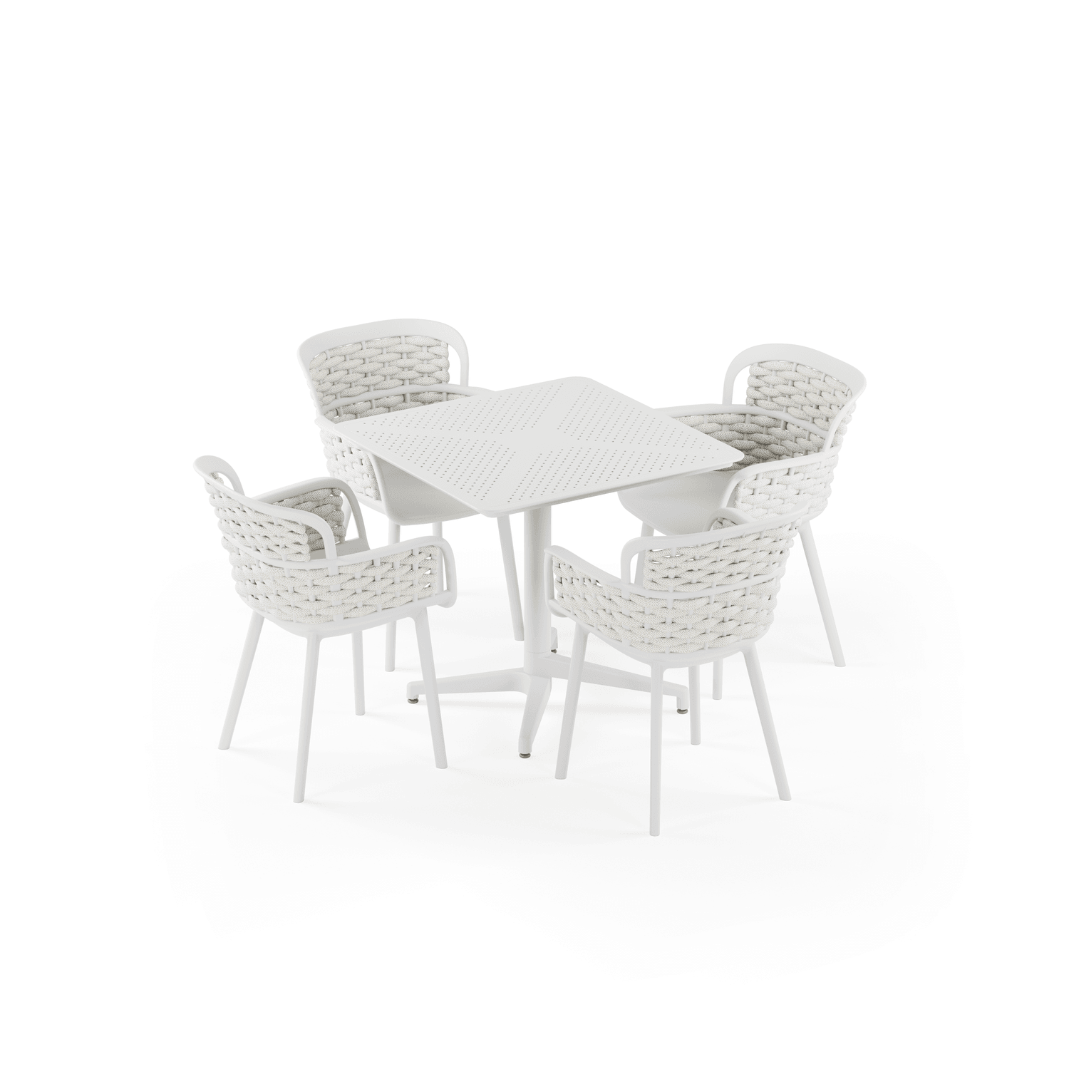 Beyaz Gövde Bej Örgülü Sandalye 4 Kişilik Katlanır Bahçe Masa Sandalye Takımı 80x80 cm | Mutfak, Otel, Kafe, Balkon & Teras İçin Dayanıklı Dış Mekan Seti