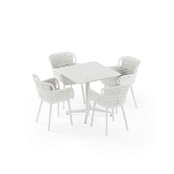 Beyaz Gövde Bej Örgülü Sandalye 4 Kişilik Katlanır Bahçe Masa Sandalye Takımı 80x80 cm | Mutfak, Otel, Kafe, Balkon & Teras İçin Dayanıklı Dış Mekan Seti