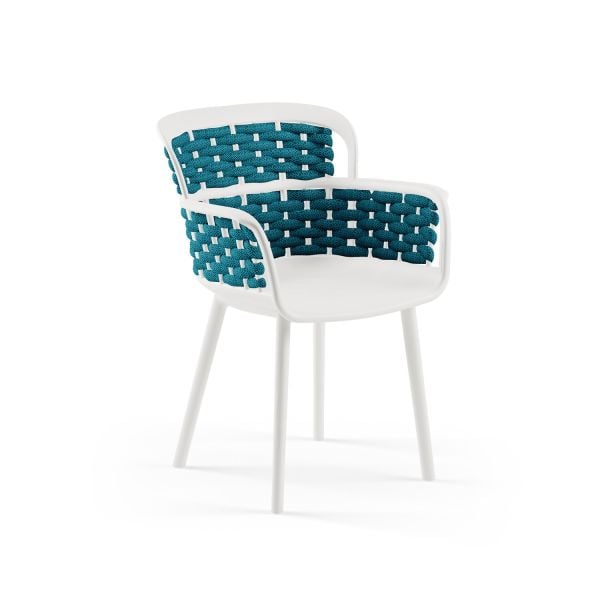 Beyaz Gövde Mavi Örgülü Sandalye 4 Kişilik Katlanabilir 80x80 cm Dış Mekan Bahçe Masa Sandalye Takımı – Otel, Restoran, Kafe, Balkon ve Teras İçin