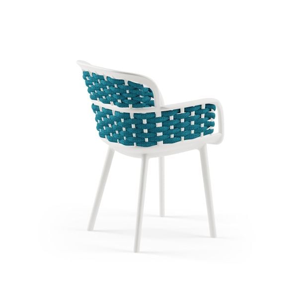 Beyaz Gövde Mavi Örgülü Sandalye 4 Kişilik Katlanabilir 80x80 cm Dış Mekan Bahçe Masa Sandalye Takımı – Otel, Restoran, Kafe, Balkon ve Teras İçin