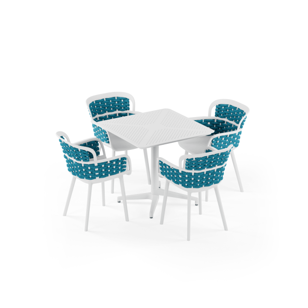 Beyaz Gövde Mavi Örgülü Sandalye 4 Kişilik Katlanabilir 80x80 cm Dış Mekan Bahçe Masa Sandalye Takımı – Otel, Restoran, Kafe, Balkon ve Teras İçin